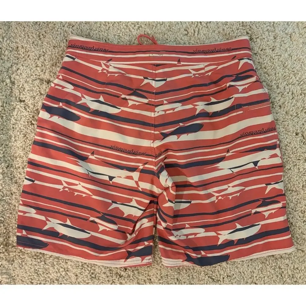 Vineyard Vines Pink Blue Striped Shark Print Swim Shorts Trunks Size 33